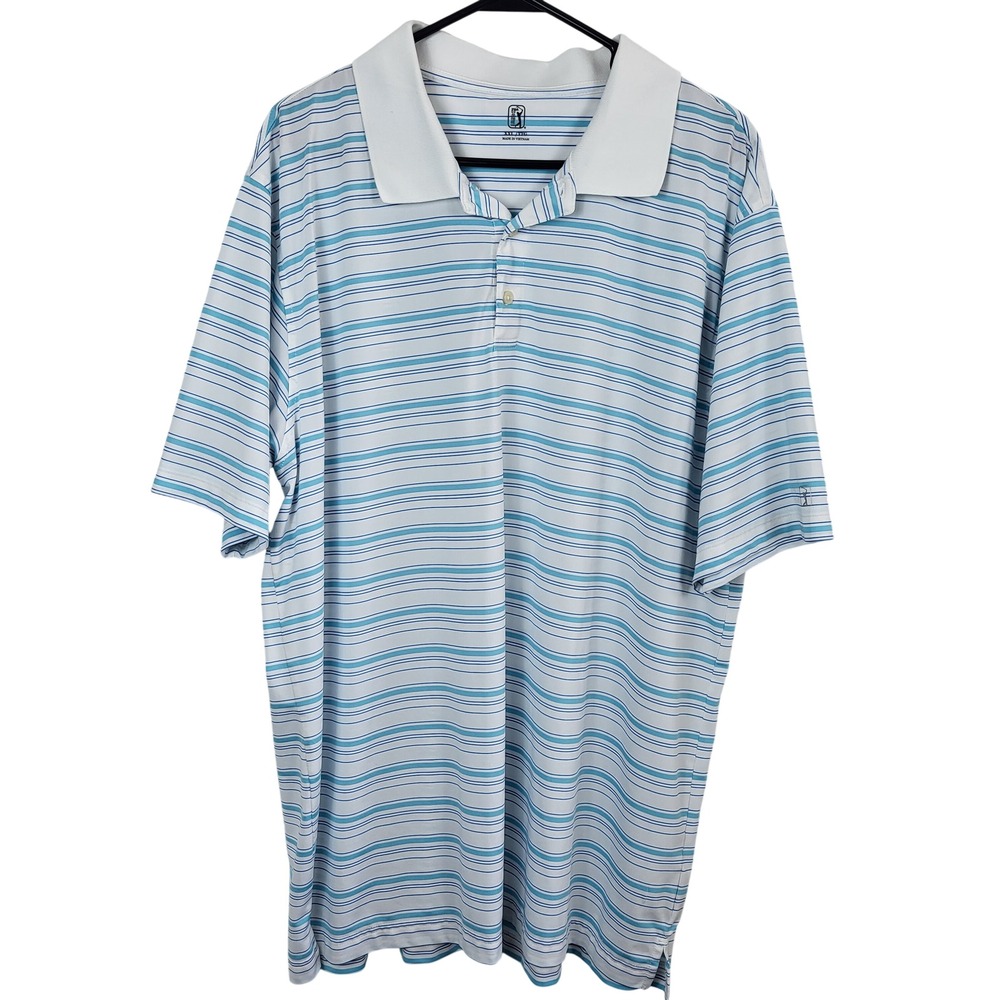 PGA Tour Polo Shirt Mens XXL White Blue Striped Golf Short Sleeve Performance